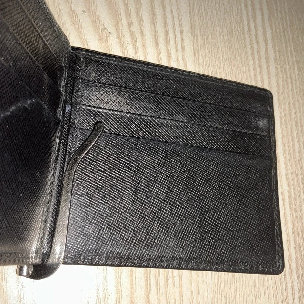 PRADA Saffiano Money Clip Bifold‎ Wallet Card Case Black Leather Authentic